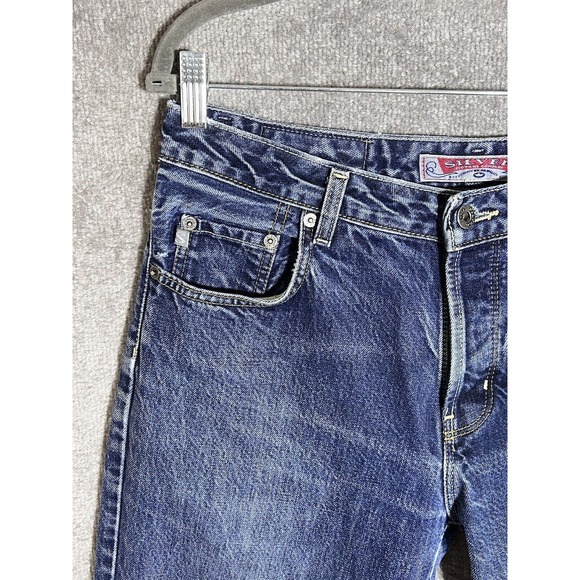 Vintage Silver Button Fly Distressed Bootcut Jeans Mens Size 32x28 Blue Denim - Picture 8 of 16